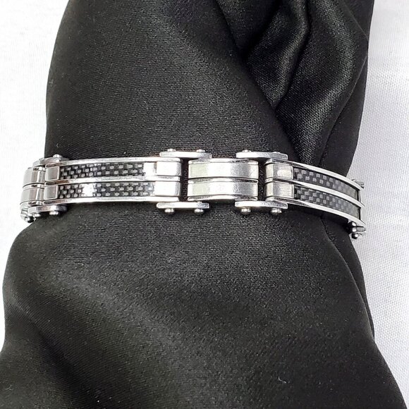 Stainless Steel Other - Mens Stainless Steel Bracelet With Black Carbon Fiber Inlay 8.25"